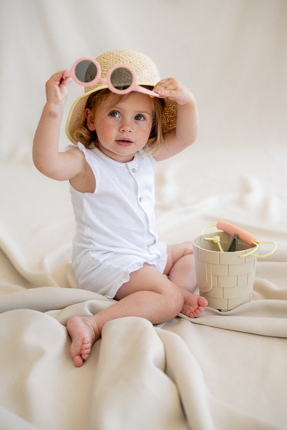 White Short Embroidered Strip Baby Pajamas